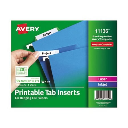 Avery Dennison Avery, TABS INSERTS FOR HANGING FILE FOLDERS, 1/5-CUT TABS, WHITE, 2in WIDE, 100PK 11136